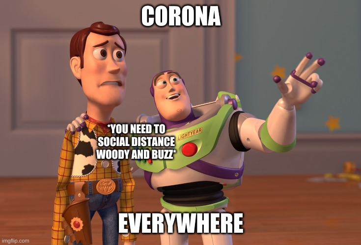 corona | CORONA; *YOU NEED TO SOCIAL DISTANCE WOODY AND BUZZ*; EVERYWHERE | image tagged in memes,x x everywhere | made w/ Imgflip meme maker