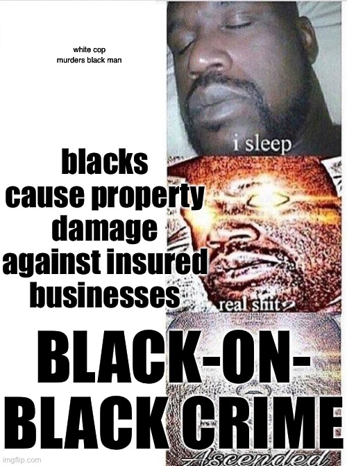 Rough guide to conservative outrage on race issues, circa 2020 | white cop murders black man; blacks cause property damage against insured businesses; BLACK-ON- BLACK CRIME | image tagged in i sleep meme with ascended template,conservative logic,conservative hypocrisy,black lives matter,george floyd,police brutality | made w/ Imgflip meme maker