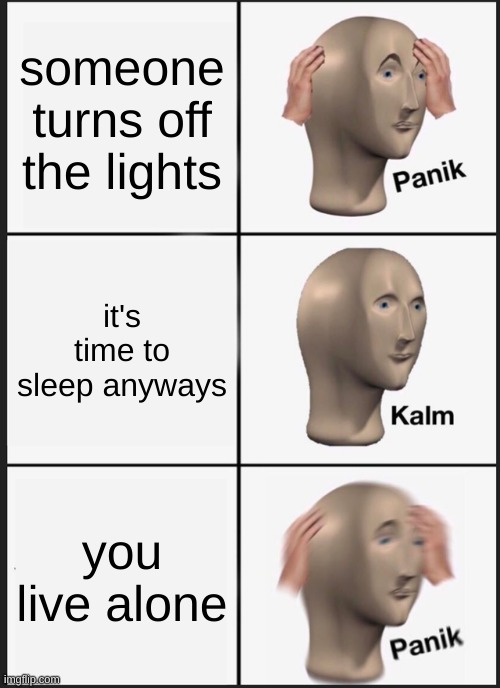 Panik Kalm Panik Meme | someone turns off the lights; it's time to sleep anyways; you live alone | image tagged in memes,panik kalm panik | made w/ Imgflip meme maker