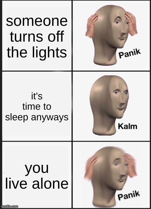 Panik Kalm Panik | someone turns off the lights; it's time to sleep anyways; you live alone | image tagged in memes,panik kalm panik | made w/ Imgflip meme maker