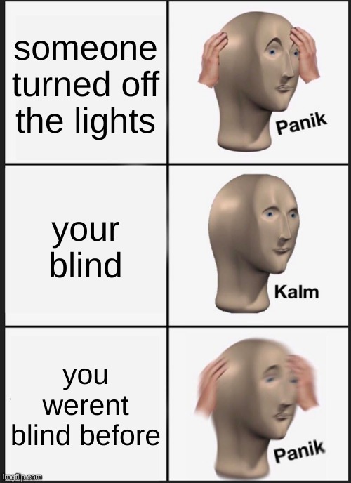 Panik Kalm Panik | someone turned off the lights; your blind; you werent blind before | image tagged in memes,panik kalm panik | made w/ Imgflip meme maker