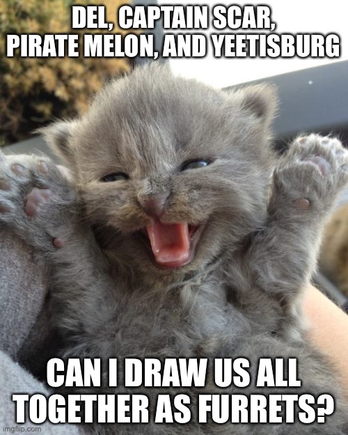 Yay Kitty | DEL, CAPTAIN SCAR, PIRATE MELON, AND YEETISBURG; CAN I DRAW US ALL TOGETHER AS FURRETS? | image tagged in yay kitty | made w/ Imgflip meme maker