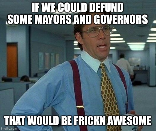 Defund some politicians instead | IF WE COULD DEFUND SOME MAYORS AND GOVERNORS; THAT WOULD BE FRICKN AWESOME | image tagged in memes,that would be great | made w/ Imgflip meme maker