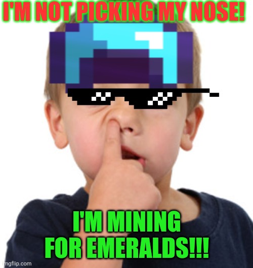 I'm Mining For Emeralds! | I'M NOT PICKING MY NOSE! I'M MINING FOR EMERALDS!!! | image tagged in memes,gross,minecraft,nose pick | made w/ Imgflip meme maker