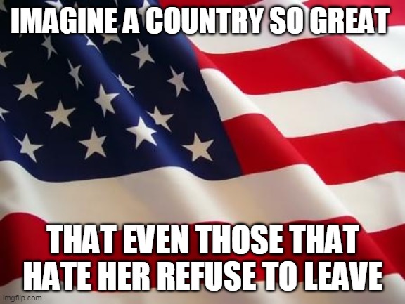 American flag | IMAGINE A COUNTRY SO GREAT; THAT EVEN THOSE THAT HATE HER REFUSE TO LEAVE | image tagged in american flag | made w/ Imgflip meme maker