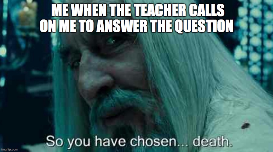 So you have chosen death | ME WHEN THE TEACHER CALLS ON ME TO ANSWER THE QUESTION | image tagged in so you have chosen death | made w/ Imgflip meme maker