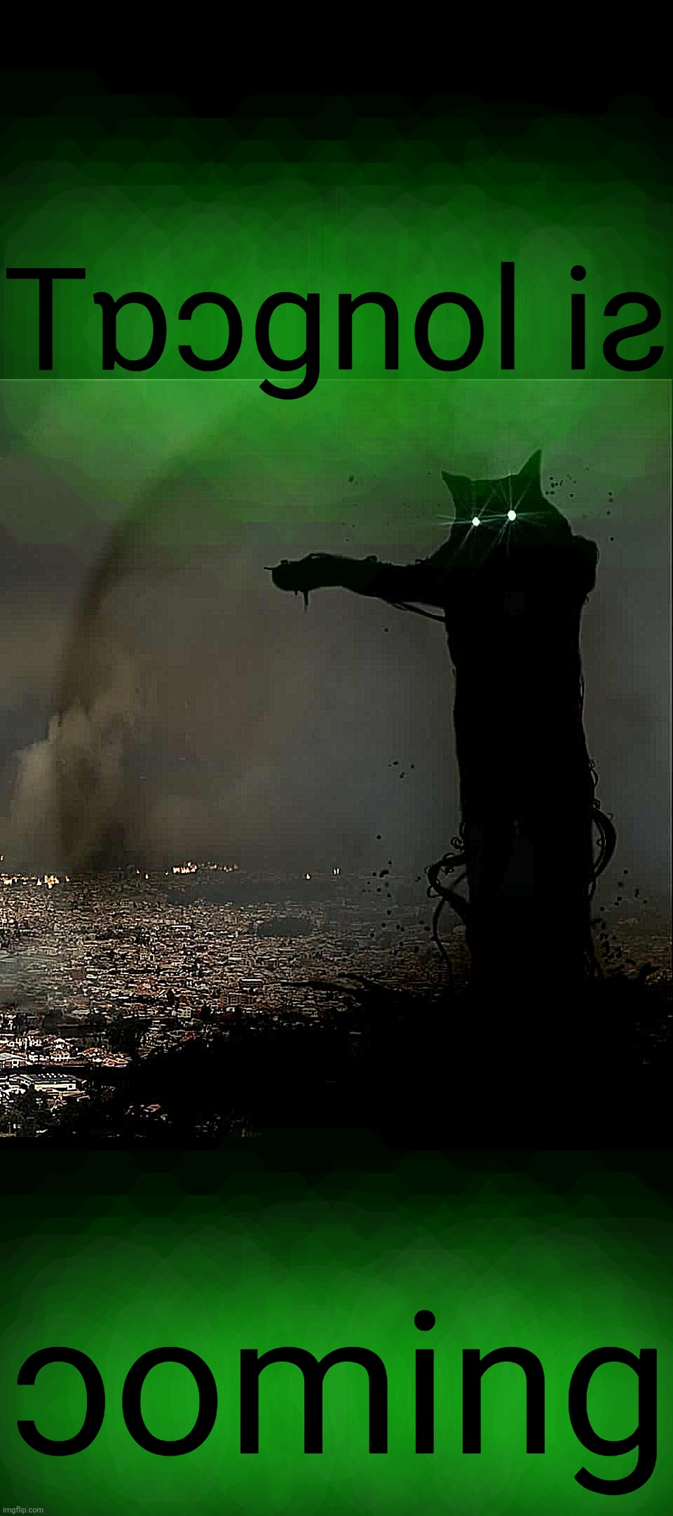 Godzilla Cat | Tɒɔgnol iƨ ɔoming | image tagged in godzilla cat | made w/ Imgflip meme maker