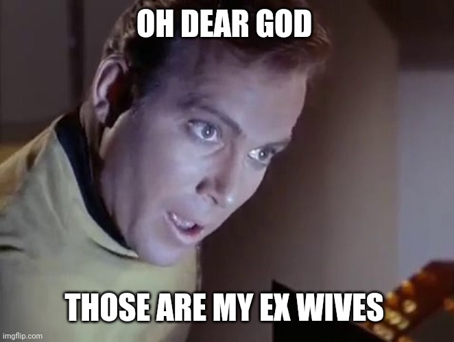 Captain Kirk Surprised | OH DEAR GOD THOSE ARE MY EX WIVES | image tagged in captain kirk surprised | made w/ Imgflip meme maker