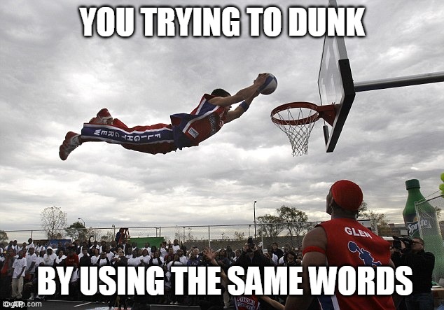 slam dunk | YOU TRYING TO DUNK BY USING THE SAME WORDS | image tagged in slam dunk | made w/ Imgflip meme maker