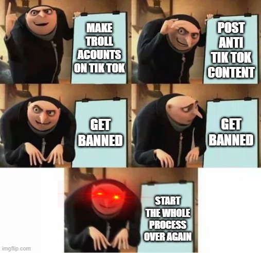 Spread the Word | POST ANTI TIK TOK CONTENT; MAKE TROLL ACOUNTS ON TIK TOK; GET BANNED; GET BANNED; START THE WHOLE PROCESS OVER AGAIN | image tagged in memes,gru's plan | made w/ Imgflip meme maker