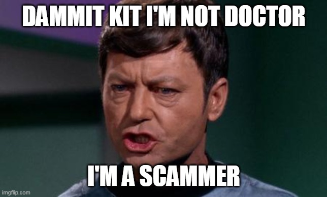 Dammit Jim | DAMMIT KIT I'M NOT DOCTOR; I'M A SCAMMER | image tagged in dammit jim | made w/ Imgflip meme maker