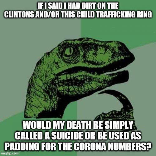 Hmmmmmm | IF I SAID I HAD DIRT ON THE CLINTONS AND/OR THIS CHILD TRAFFICKING RING; WOULD MY DEATH BE SIMPLY CALLED A SUICIDE OR BE USED AS PADDING FOR THE CORONA NUMBERS? | image tagged in memes,philosoraptor,the clintons,children,perverts,coronavirus | made w/ Imgflip meme maker