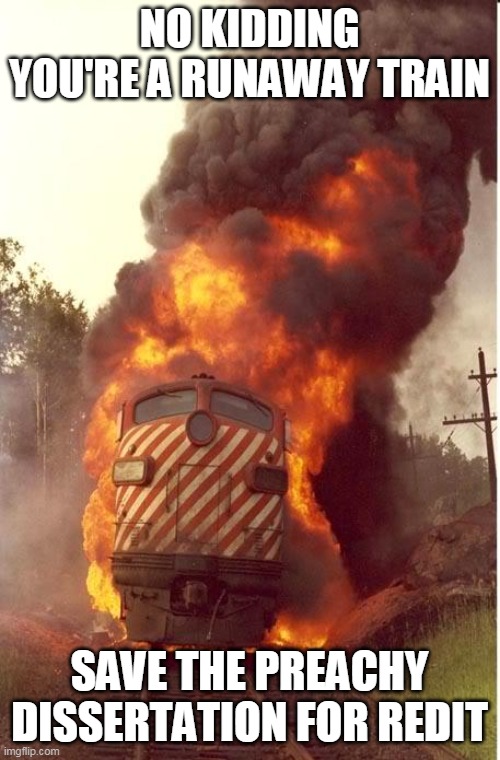 Train Fire | NO KIDDING YOU'RE A RUNAWAY TRAIN SAVE THE PREACHY DISSERTATION FOR REDIT | image tagged in train fire | made w/ Imgflip meme maker