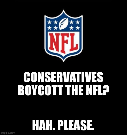 I don’t think they hate black people enough to follow through with this, but they can always prove me wrong. | CONSERVATIVES BOYCOTT THE NFL? HAH. PLEASE. | image tagged in nfl,conservatives,boycott,conservative logic,politics lol,racists | made w/ Imgflip meme maker