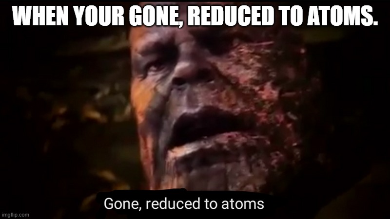 thanos | WHEN YOUR GONE, REDUCED TO ATOMS. | image tagged in thanos gone reduced to atoms | made w/ Imgflip meme maker