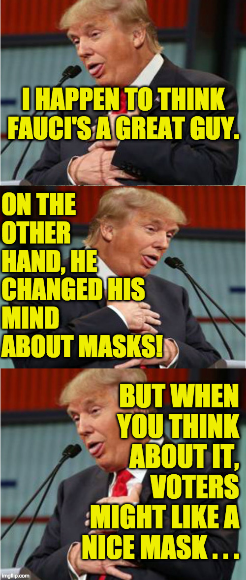 I HAPPEN TO THINK FAUCI'S A GREAT GUY. BUT WHEN YOU THINK ABOUT IT, VOTERS MIGHT LIKE A NICE MASK . . . ON THE
OTHER
HAND, HE
CHANGED HIS
MI | image tagged in bad pun trump,memes,change my mind | made w/ Imgflip meme maker
