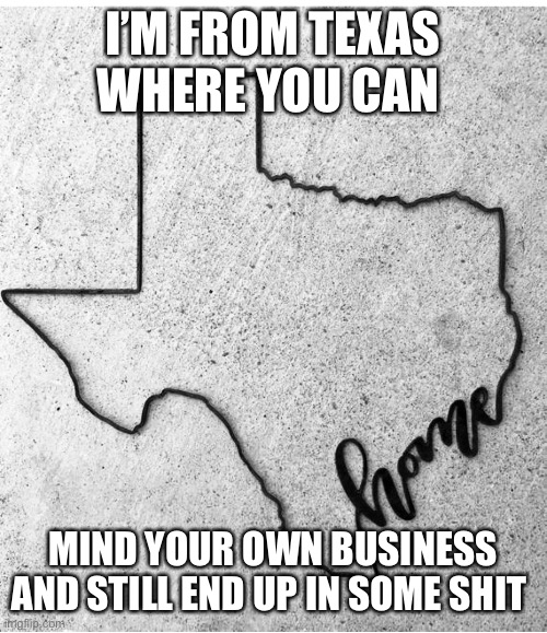 I’m from Texas Where | I’M FROM TEXAS WHERE YOU CAN; MIND YOUR OWN BUSINESS AND STILL END UP IN SOME SHIT | image tagged in texas | made w/ Imgflip meme maker