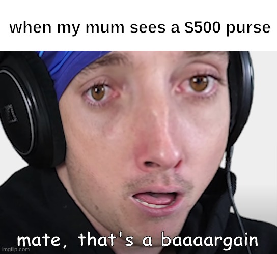 mate that's a baaaaaargain | when my mum sees a $500 purse; mate, that's a baaaargain | image tagged in lazarbeam | made w/ Imgflip meme maker
