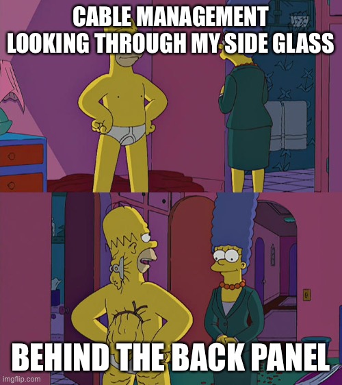 Homer Simpson's Back Fat | CABLE MANAGEMENT LOOKING THROUGH MY SIDE GLASS; BEHIND THE BACK PANEL | image tagged in homer simpson's back fat | made w/ Imgflip meme maker