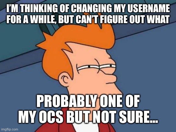 What should I change it to? | I’M THINKING OF CHANGING MY USERNAME FOR A WHILE, BUT CAN’T FIGURE OUT WHAT; PROBABLY ONE OF MY OCS BUT NOT SURE... | image tagged in memes,futurama fry | made w/ Imgflip meme maker