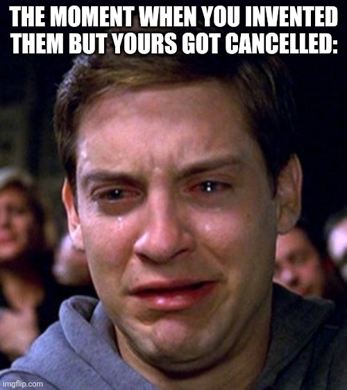 crying peter parker | THE MOMENT WHEN YOU INVENTED THEM BUT YOURS GOT CANCELLED: | image tagged in crying peter parker | made w/ Imgflip meme maker