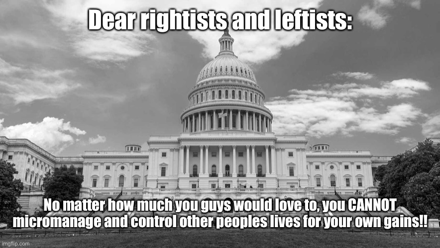 Rightist and leftist command and control | Dear rightists and leftists:; No matter how much you guys would love to, you CANNOT micromanage and control other peoples lives for your own gains!! | image tagged in scumbag republicans,scumbag democrats,mind control,control,memes,use your brain | made w/ Imgflip meme maker