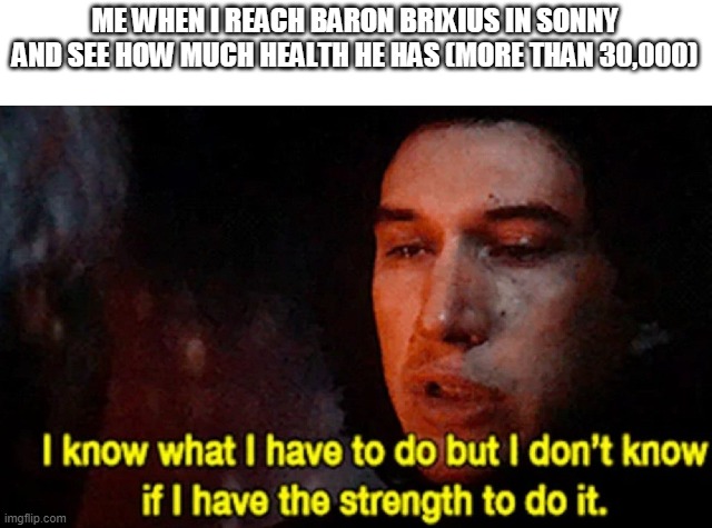 Sonny memes are back! Sonny memes N2: Baron's Health | ME WHEN I REACH BARON BRIXIUS IN SONNY AND SEE HOW MUCH HEALTH HE HAS (MORE THAN 30,000) | image tagged in i know what i have to do but i dont know if i have the strength | made w/ Imgflip meme maker