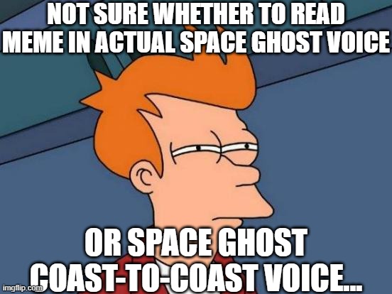 Futurama Fry Meme | NOT SURE WHETHER TO READ MEME IN ACTUAL SPACE GHOST VOICE OR SPACE GHOST COAST-TO-COAST VOICE... | image tagged in memes,futurama fry | made w/ Imgflip meme maker