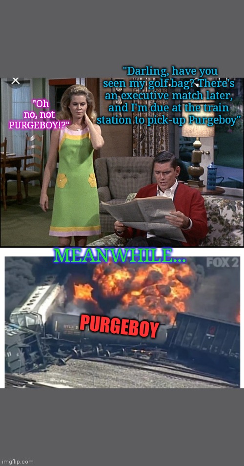 Another curious day for Purgeboy... | "Oh no, not PURGEBOY!?"; "Darling, have you seen my golf bag? There's an executive match later, and I'm due at the train station to pick-up Purgeboy"; MEANWHILE... PURGEBOY | image tagged in crazy eyed bird,dank meme,the purge,craziness_all_the_way | made w/ Imgflip meme maker