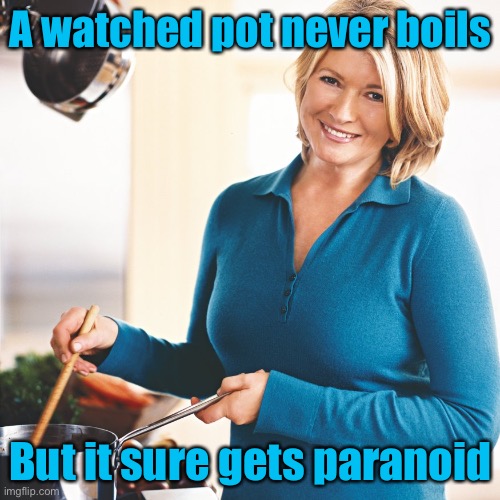 Martha Stewart | A watched pot never boils; But it sure gets paranoid | image tagged in martha stewart problems,paranoid | made w/ Imgflip meme maker