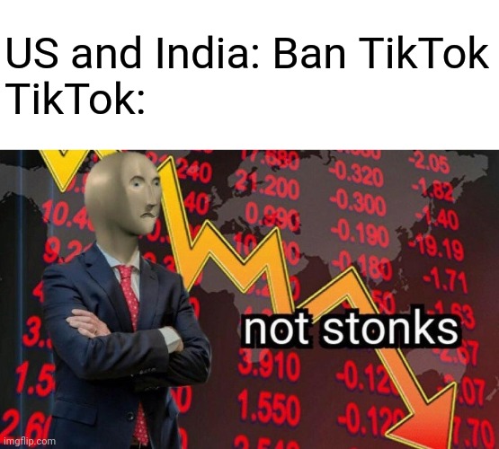 Not stonks | US and India: Ban TikTok
TikTok: | image tagged in not stonks,memes,funny,united states,usa,india | made w/ Imgflip meme maker