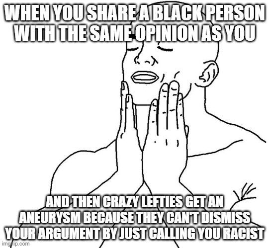Satisfaction | WHEN YOU SHARE A BLACK PERSON WITH THE SAME OPINION AS YOU; AND THEN CRAZY LEFTIES GET AN ANEURYSM BECAUSE THEY CAN'T DISMISS YOUR ARGUMENT BY JUST CALLING YOU RACIST | image tagged in satisfaction,memes | made w/ Imgflip meme maker