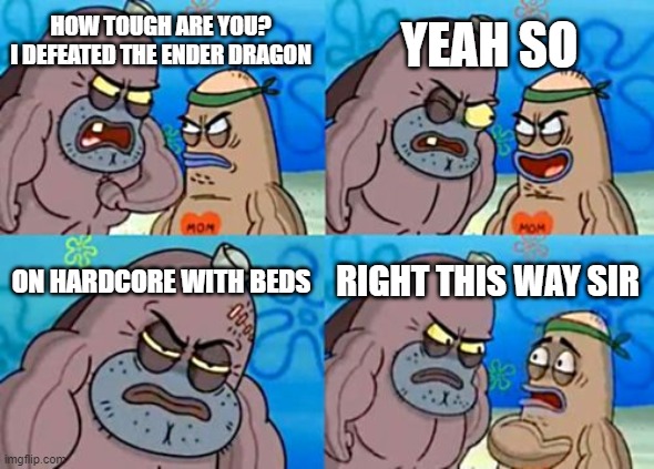 How Tough Are You Meme | YEAH SO; HOW TOUGH ARE YOU?
I DEFEATED THE ENDER DRAGON; ON HARDCORE WITH BEDS; RIGHT THIS WAY SIR | image tagged in memes,how tough are you | made w/ Imgflip meme maker