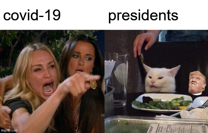 Covid-19 issue |  covid-19; presidents | image tagged in memes,woman yelling at cat,cats,politics,political meme,meme | made w/ Imgflip meme maker