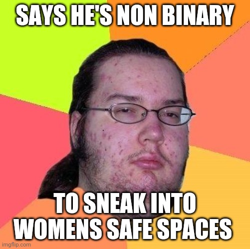 Neckbeard Libertarian | SAYS HE'S NON BINARY; TO SNEAK INTO WOMENS SAFE SPACES | image tagged in neckbeard libertarian,memes,non binary,feminism | made w/ Imgflip meme maker