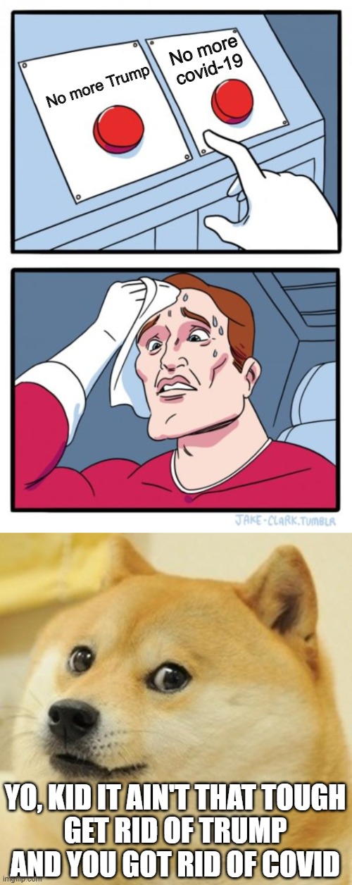 Doge knows best | No more covid-19; No more Trump; YO, KID IT AIN'T THAT TOUGH
GET RID OF TRUMP AND YOU GOT RID OF COVID | image tagged in memes,doge,two buttons,trump,covid-19 | made w/ Imgflip meme maker