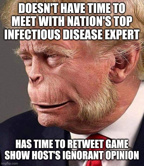 Planet of the Trumps | DOESN'T HAVE TIME TO MEET WITH NATION'S TOP INFECTIOUS DISEASE EXPERT; HAS TIME TO RETWEET GAME SHOW HOST'S IGNORANT OPINION | image tagged in planet of the trumps | made w/ Imgflip meme maker