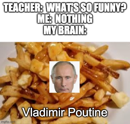 Russo-Canadian combo | TEACHER:  WHAT'S SO FUNNY?
ME:  NOTHING
MY BRAIN:; Vladimir Poutine | image tagged in vladimir putin | made w/ Imgflip meme maker