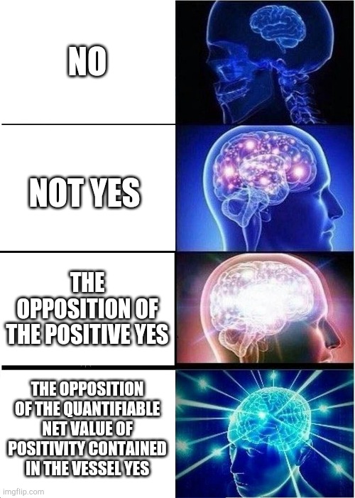 Expanding Brain Meme | NO; NOT YES; THE OPPOSITION OF THE POSITIVE YES; THE OPPOSITION OF THE QUANTIFIABLE NET VALUE OF POSITIVITY CONTAINED IN THE VESSEL YES | image tagged in memes,expanding brain | made w/ Imgflip meme maker