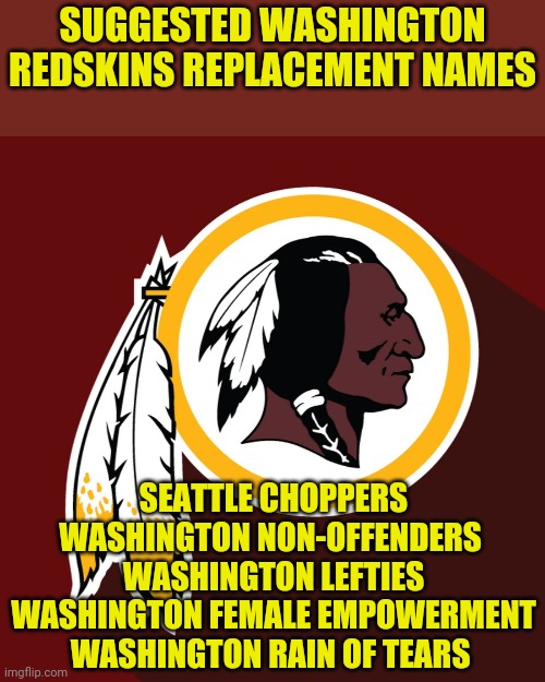 I knew it! All racism was caused by this football team's evil name! | SUGGESTED WASHINGTON REDSKINS REPLACEMENT NAMES; SEATTLE CHOPPERS
WASHINGTON NON-OFFENDERS 
WASHINGTON LEFTIES
WASHINGTON FEMALE EMPOWERMENT
WASHINGTON RAIN OF TEARS | image tagged in redskins,leftists | made w/ Imgflip meme maker
