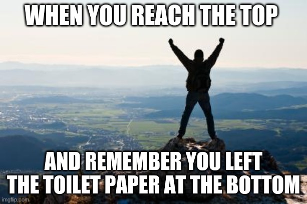 We all need help sometime | WHEN YOU REACH THE TOP; AND REMEMBER YOU LEFT THE TOILET PAPER AT THE BOTTOM | image tagged in shout it from the mountain tops,we all need help sometime,poor planning,total failure,up here help,shout it from the mountain to | made w/ Imgflip meme maker