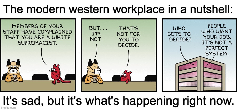 This is no longer satire. It is a nightmare, and it is real. | The modern western workplace in a nutshell:; It's sad, but it's what's happening right now. | image tagged in memes,politics,comics/cartoons | made w/ Imgflip meme maker