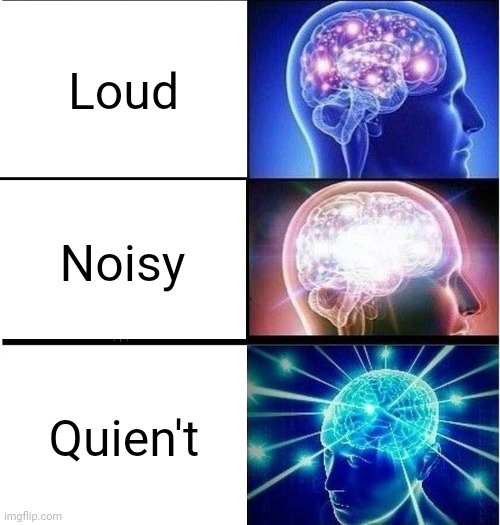 That feeling when you cannot sleep | Loud; Noisy; Quien't | image tagged in expanding brain,noise,loud,sleep,woke,wake up | made w/ Imgflip meme maker