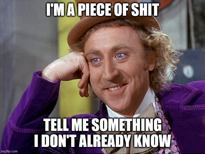 Tell me something I don't already know | I'M A PIECE OF SHIT; TELL ME SOMETHING I DON'T ALREADY KNOW | image tagged in big willy wonka tell me again,tell me something i don't already know | made w/ Imgflip meme maker