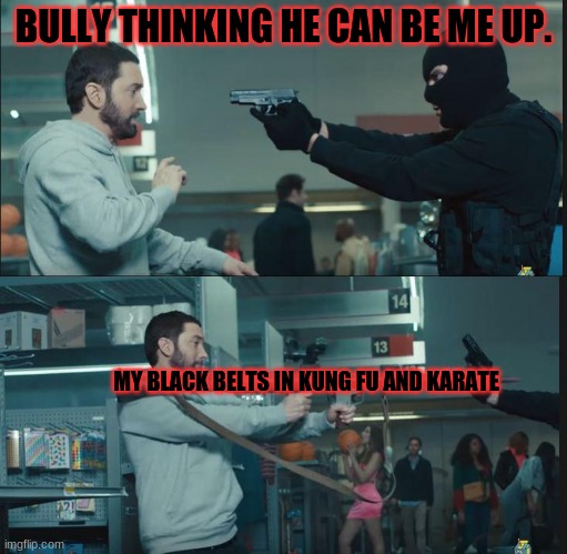 Bully Yeeted | BULLY THINKING HE CAN BE ME UP. MY BLACK BELTS IN KUNG FU AND KARATE | image tagged in eminem rocket launcher | made w/ Imgflip meme maker
