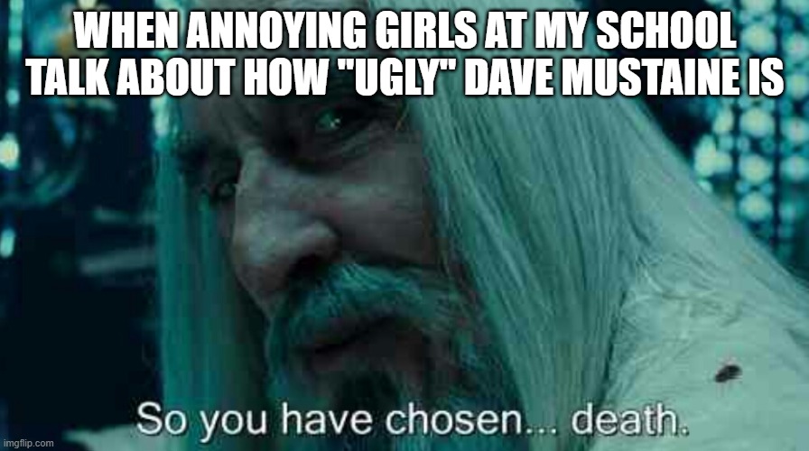 So you have chosen death | WHEN ANNOYING GIRLS AT MY SCHOOL TALK ABOUT HOW "UGLY" DAVE MUSTAINE IS | image tagged in so you have chosen death | made w/ Imgflip meme maker
