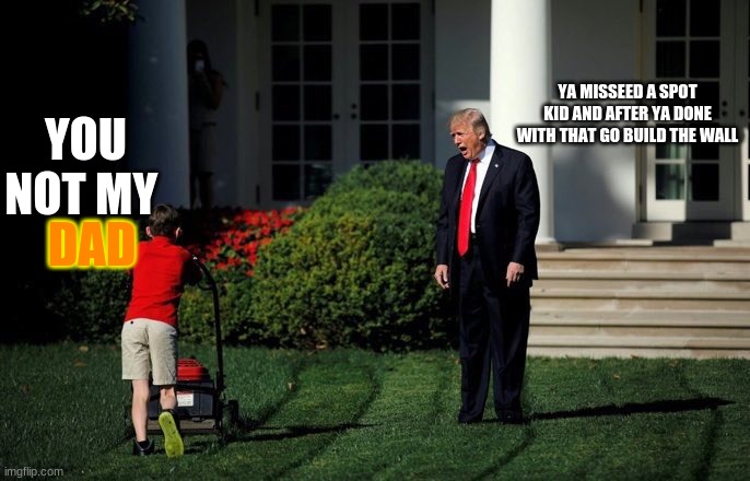 Trump Lawn Mower | YA MISSEED A SPOT KID AND AFTER YA DONE WITH THAT GO BUILD THE WALL; YOU NOT MY; DAD | image tagged in trump lawn mower | made w/ Imgflip meme maker