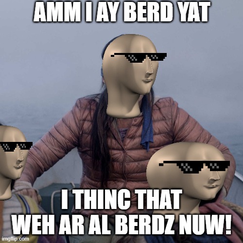 meme man BERD BOX (DIY) /please up-vote and follow/ JuhnyBoi | AMM I AY BERD YAT; I THINC THAT WEH AR AL BERDZ NUW! | image tagged in memes,bird box,meme man,diy,please up-vote and follow,juhnyboi | made w/ Imgflip meme maker