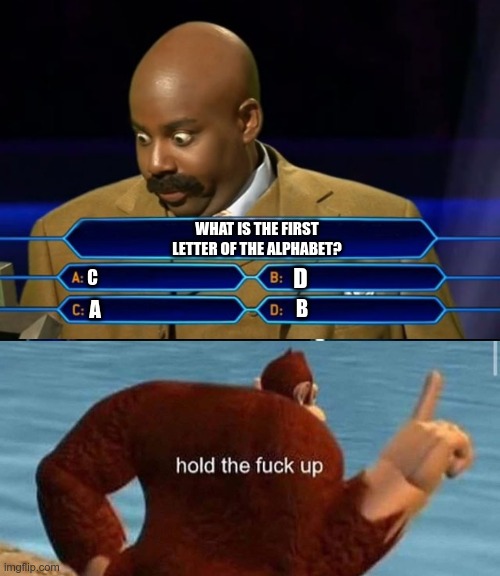 the test isn't hard | WHAT IS THE FIRST LETTER OF THE ALPHABET? C; D; A; B | image tagged in who wants to be a millionaire,memes,dank memes,donkey kong | made w/ Imgflip meme maker