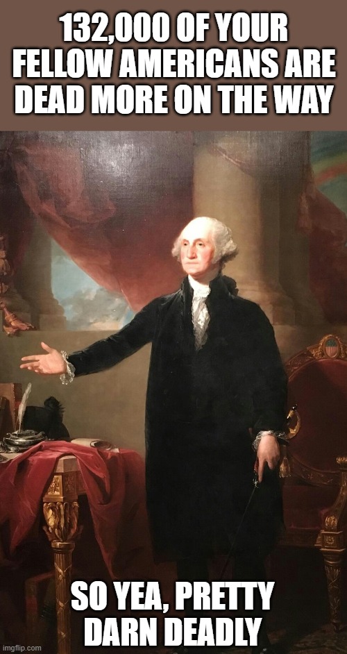 George Washington | 132,000 OF YOUR FELLOW AMERICANS ARE DEAD MORE ON THE WAY SO YEA, PRETTY DARN DEADLY | image tagged in george washington | made w/ Imgflip meme maker